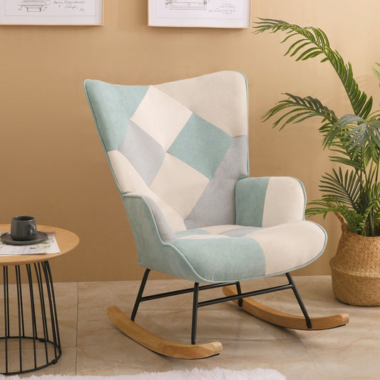 Accent Rocking Chair, Mid-Century Fabric Rocker Chair With Wood Legs And Patchwork Linen For Livingroom Bedroom - Blue