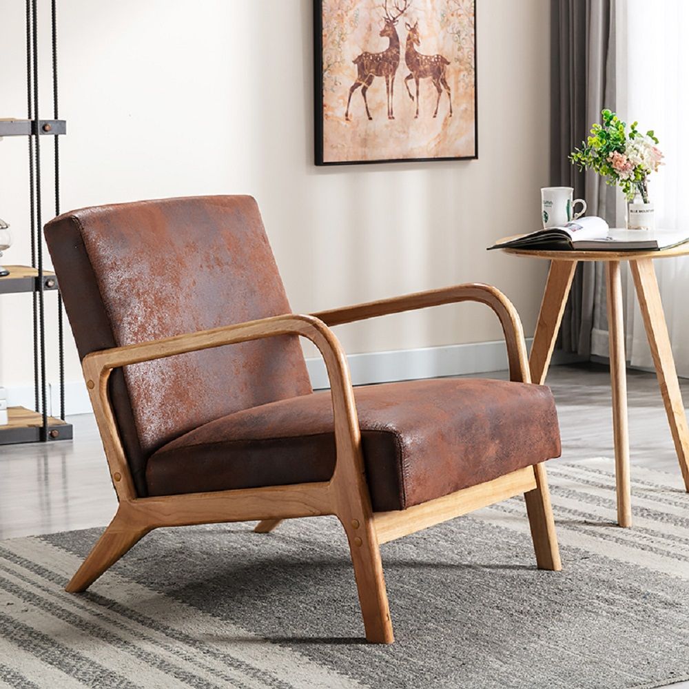 Classic Mid-Century Modern Accent Chairs, Open Framed Armchair With Cushioning - Brown