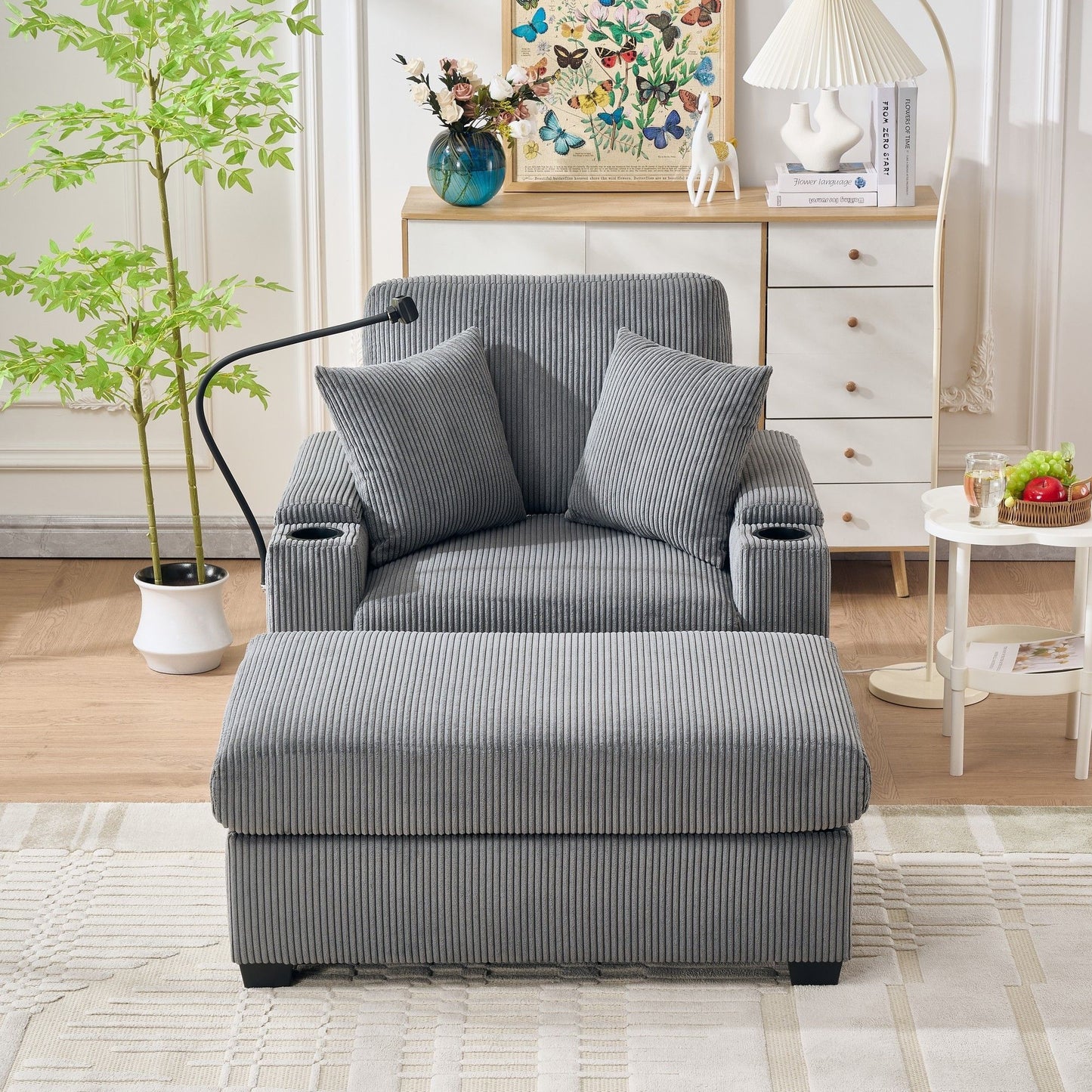 Comfy Corduroy Oversized Chaise Lounge Chair With Ottoman And Storage