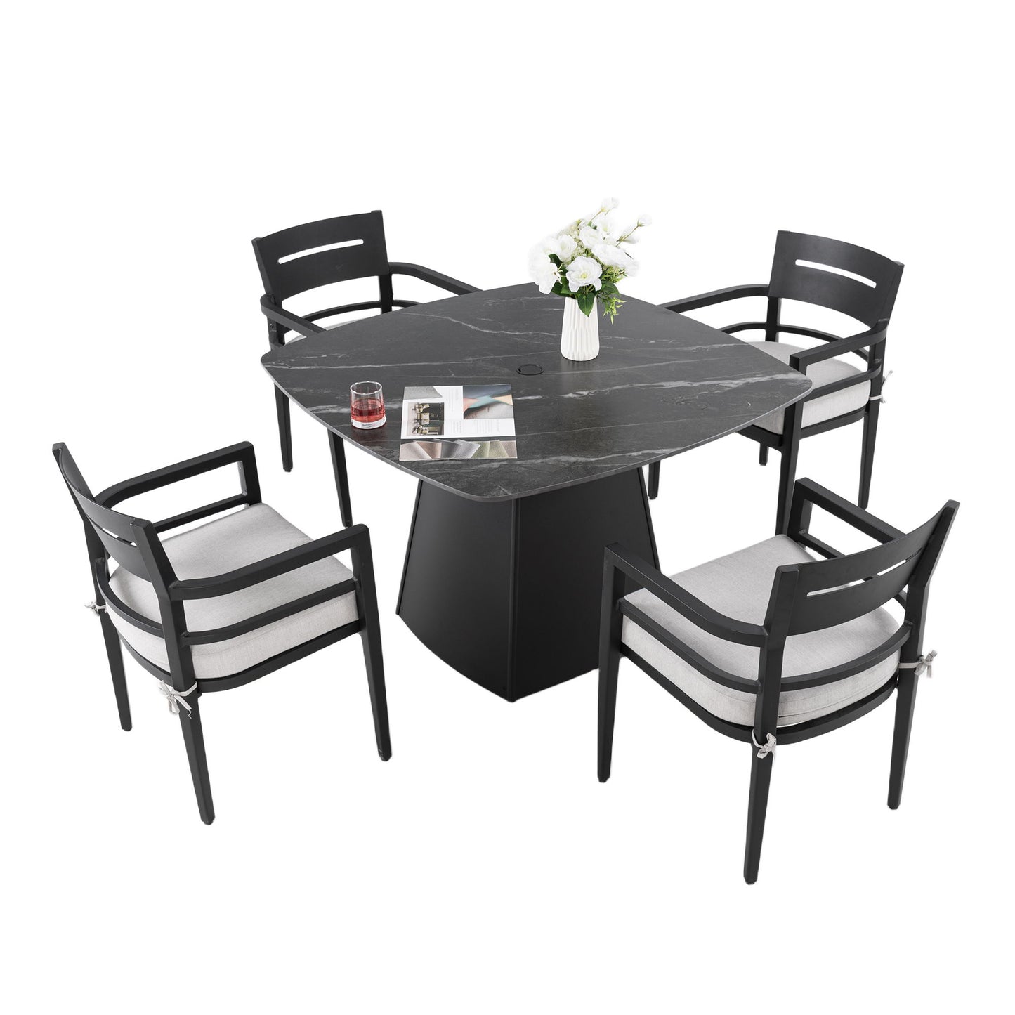 5 Piece Outdoor Pedestal Dining Set, Rounded Square Table With Flared Base And 4 Armchairs - Ember Black