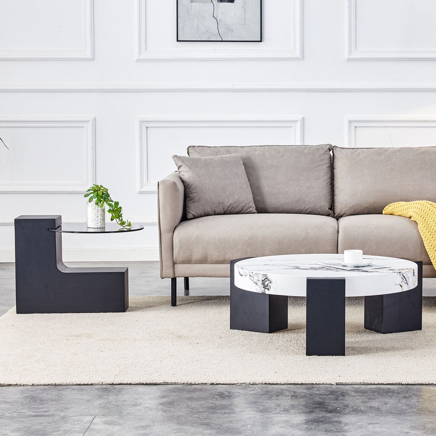 Modern Simple Double Layer Round Coffee Table Transparent Glass Top With L Shaped Legs - White / Black