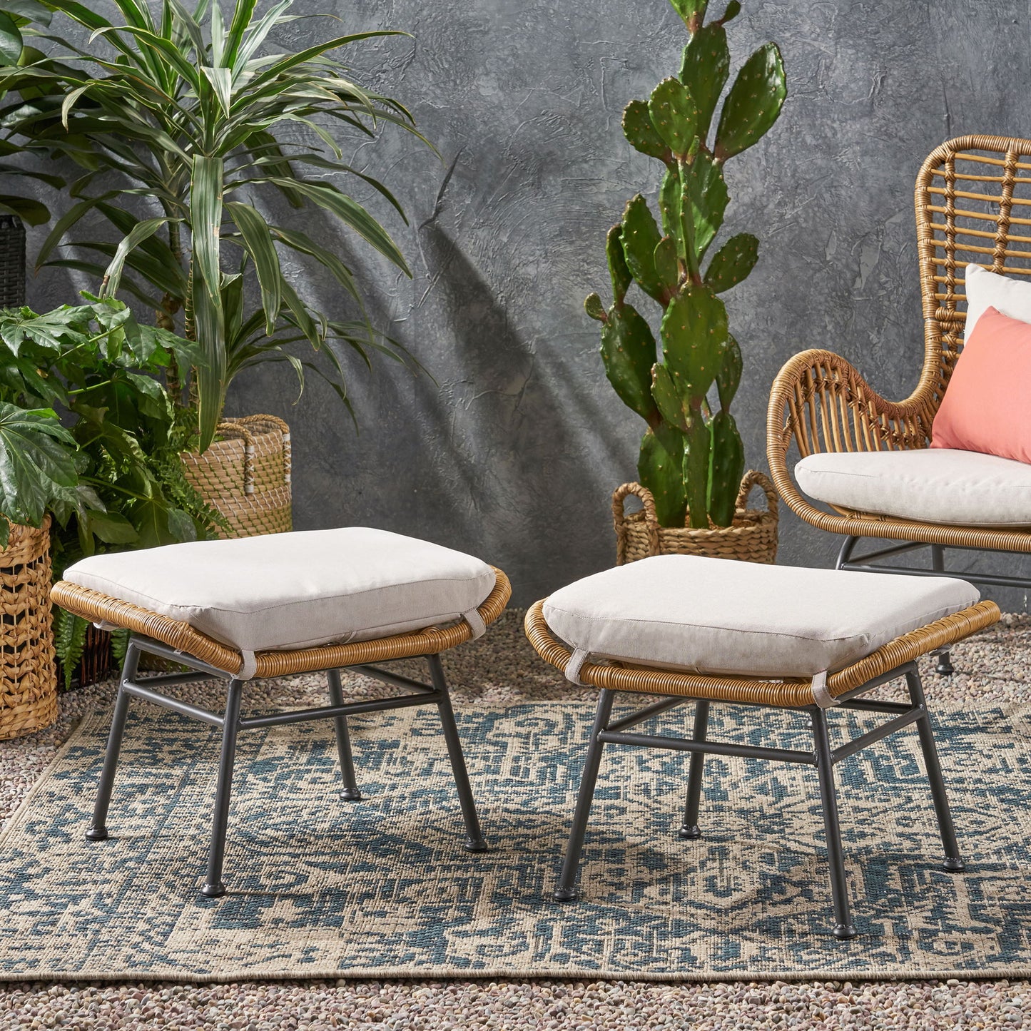 Outdoor Modern Boho Wicker Ottoman With Cushions (Set of 2)