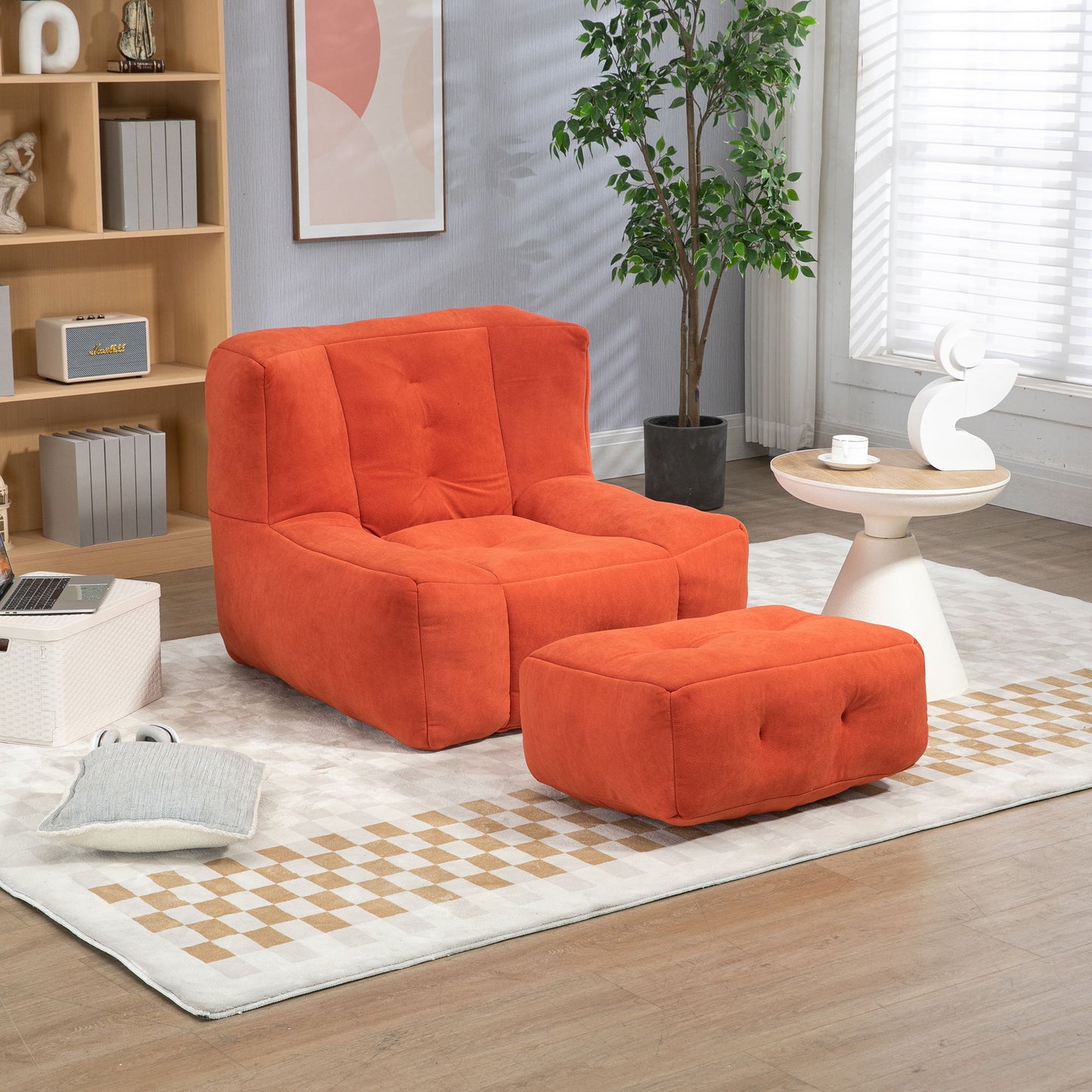 Modern Indoor Fluffy Bean Bag Chair With Memory Foam And Ottoman, Super Soft