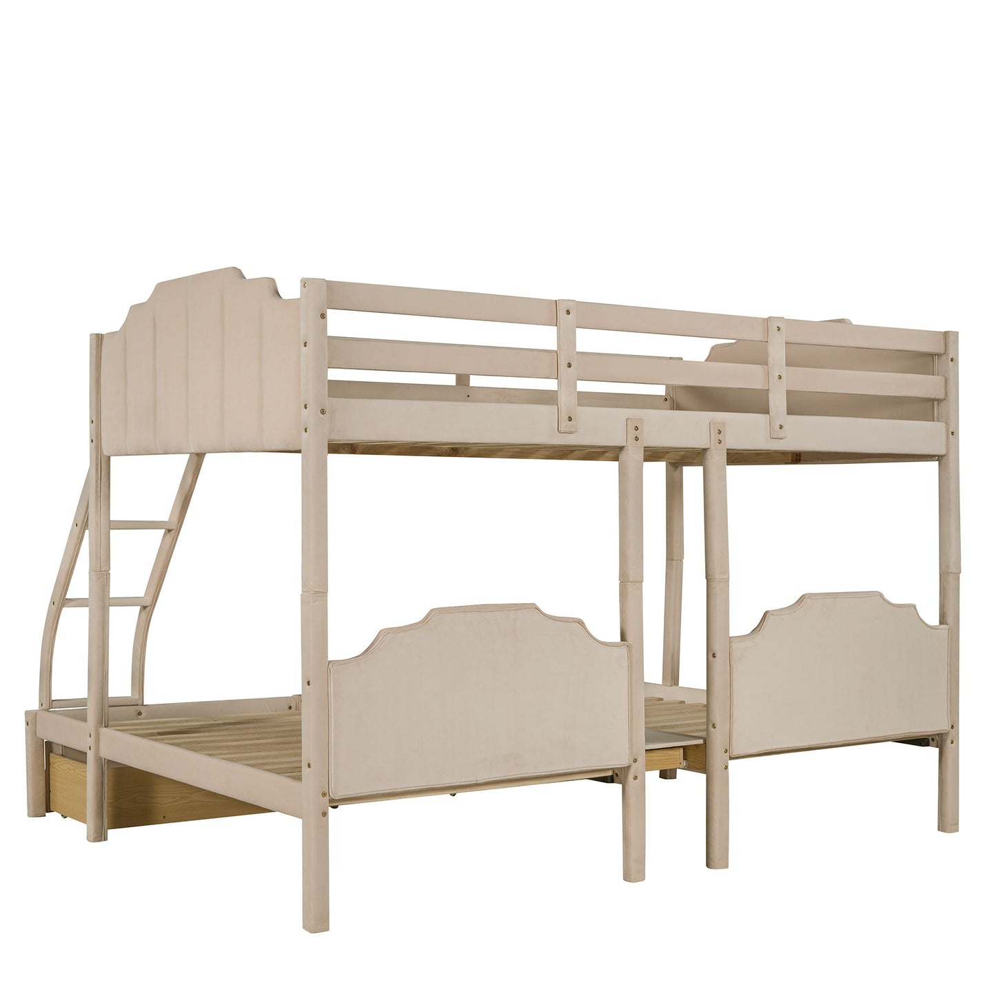 Bunk Bed, Triple Bed With Drawers And Guardrails