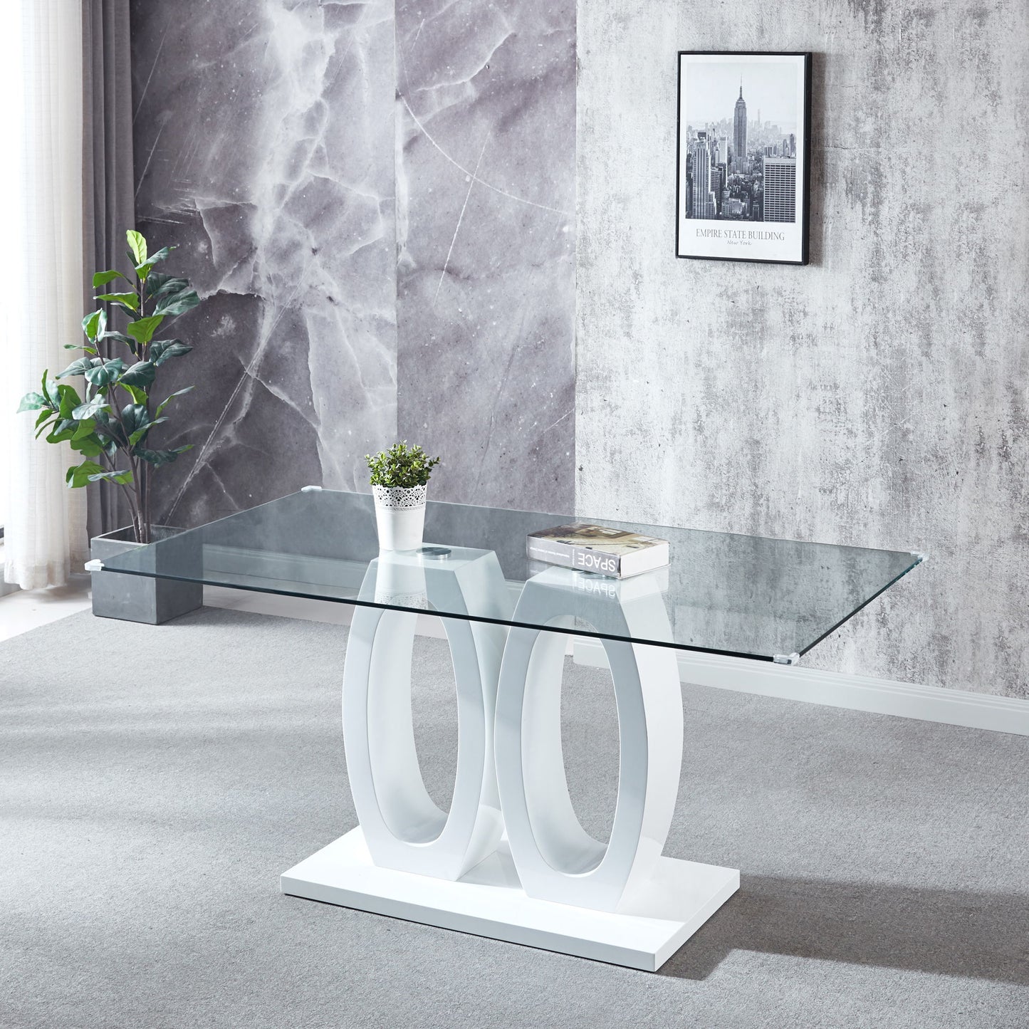 Contemporary Double Pedestal Dining Table, Tempered Glass Top