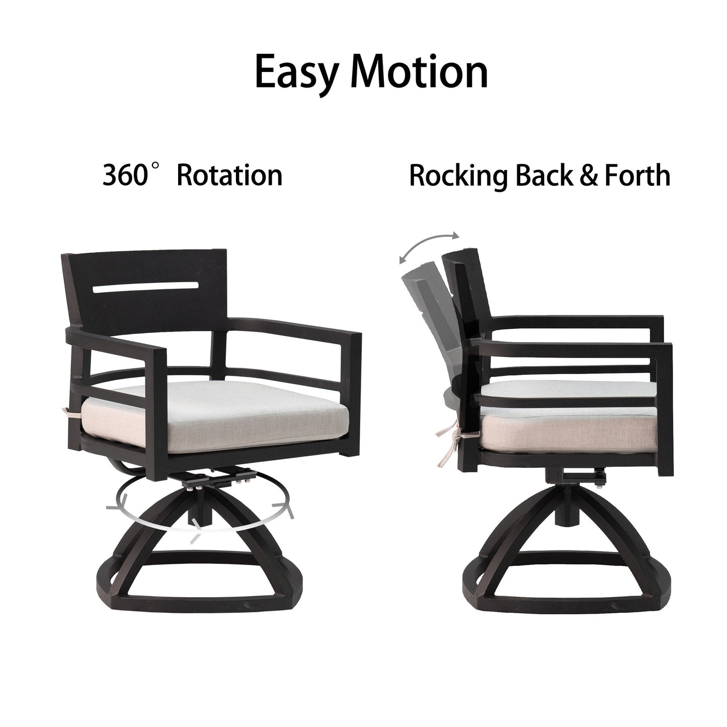 5 Piece Outdoor Patio Furniture, Modern Dining Set, 4 Swivel Chairs Rockers Sunbrella Fabric And Square Dining Table With Umbrella Hole - Ember Black