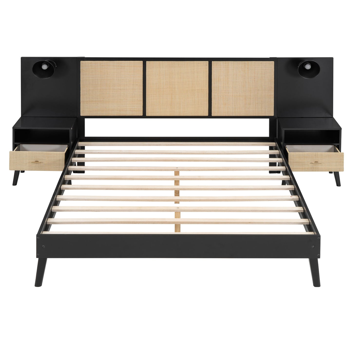 Queen Size Bed Frame With 2 Nightstands Elegant Design With Lamps - Black
