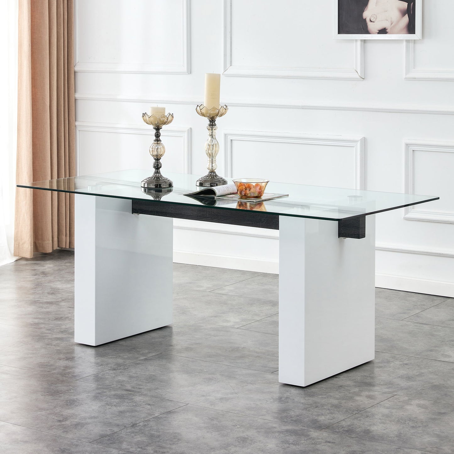 Modern Rectangular Table With Patterned Top And Large Legs For Kitchen And Dining - White
