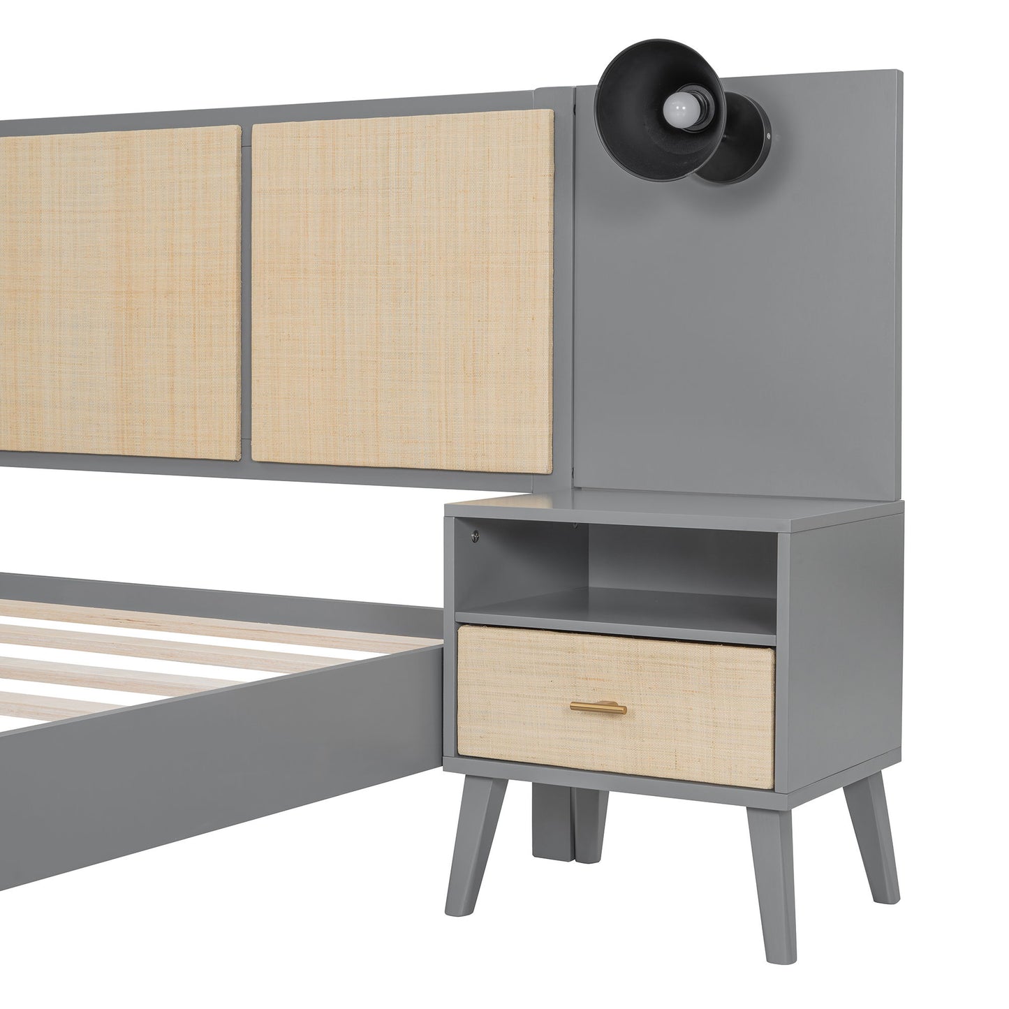 Queen Size Bed Frame With 2 Nightstands Elegant Design With Lamps - Gray