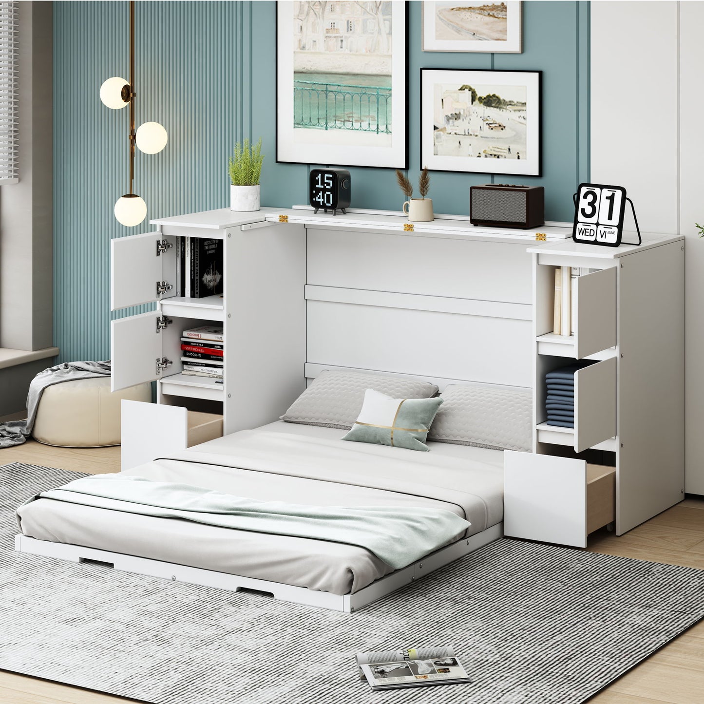 Murphy Bed With Drawers, Cabinets, And USB Ports