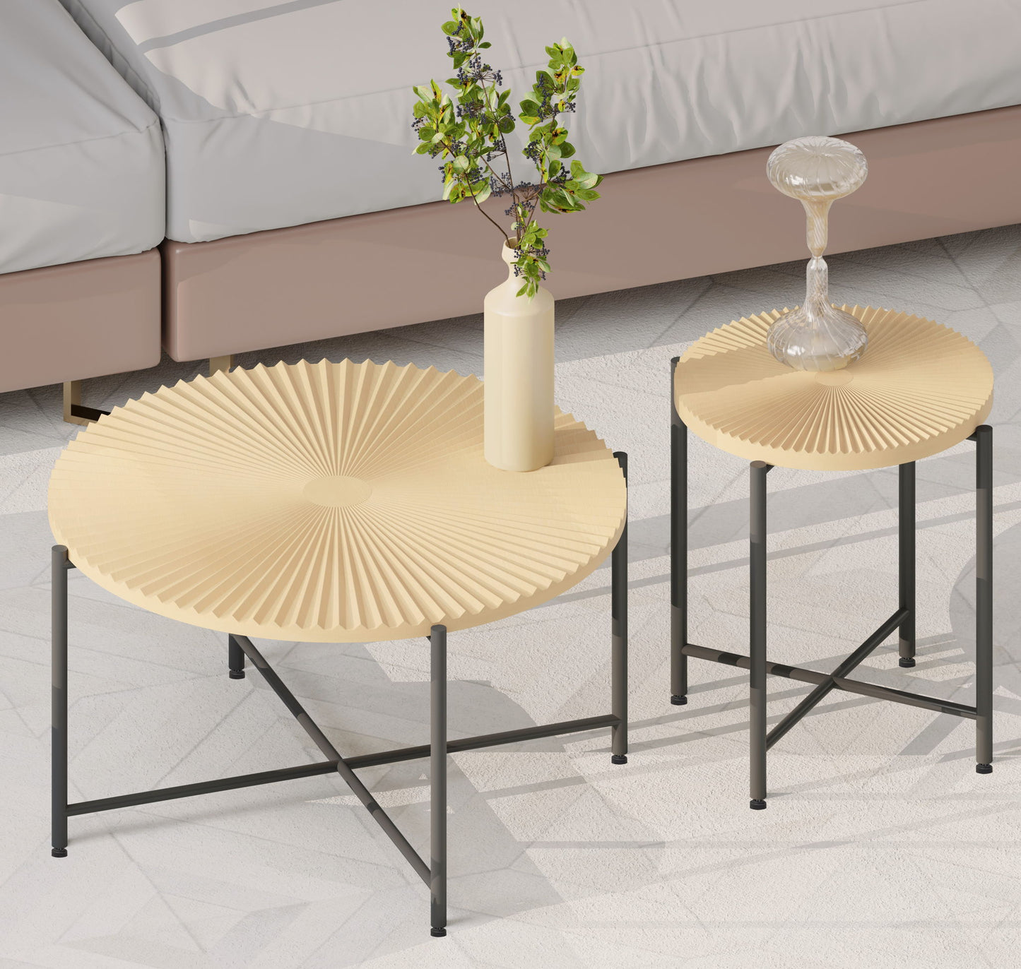 Radial - Pattern Coffee And End Table Set Waterproof Cover, Distressed Cylindrical Design, Legs Classic Rustic Charm (Set of 2) - Oak Natural Wood / Antique White