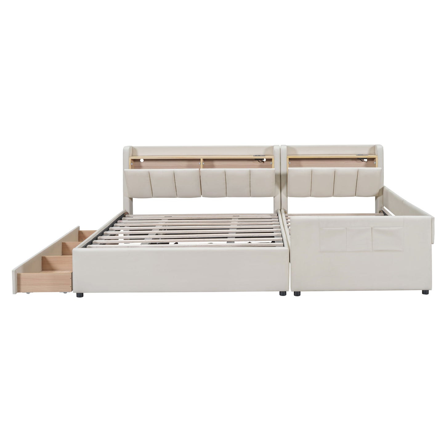Upholstered Mother & Child Bed With Hydraulic Storage System, Drawer Box, Bedhead Storage Shelf And 2 Pairs Of Sockets & USB Ports