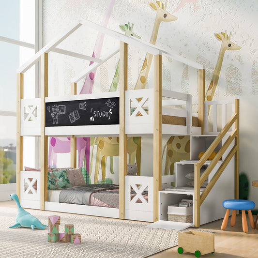 Twin Over Twin House Bunk Bed With White Storage Staircase And Blackboards - White