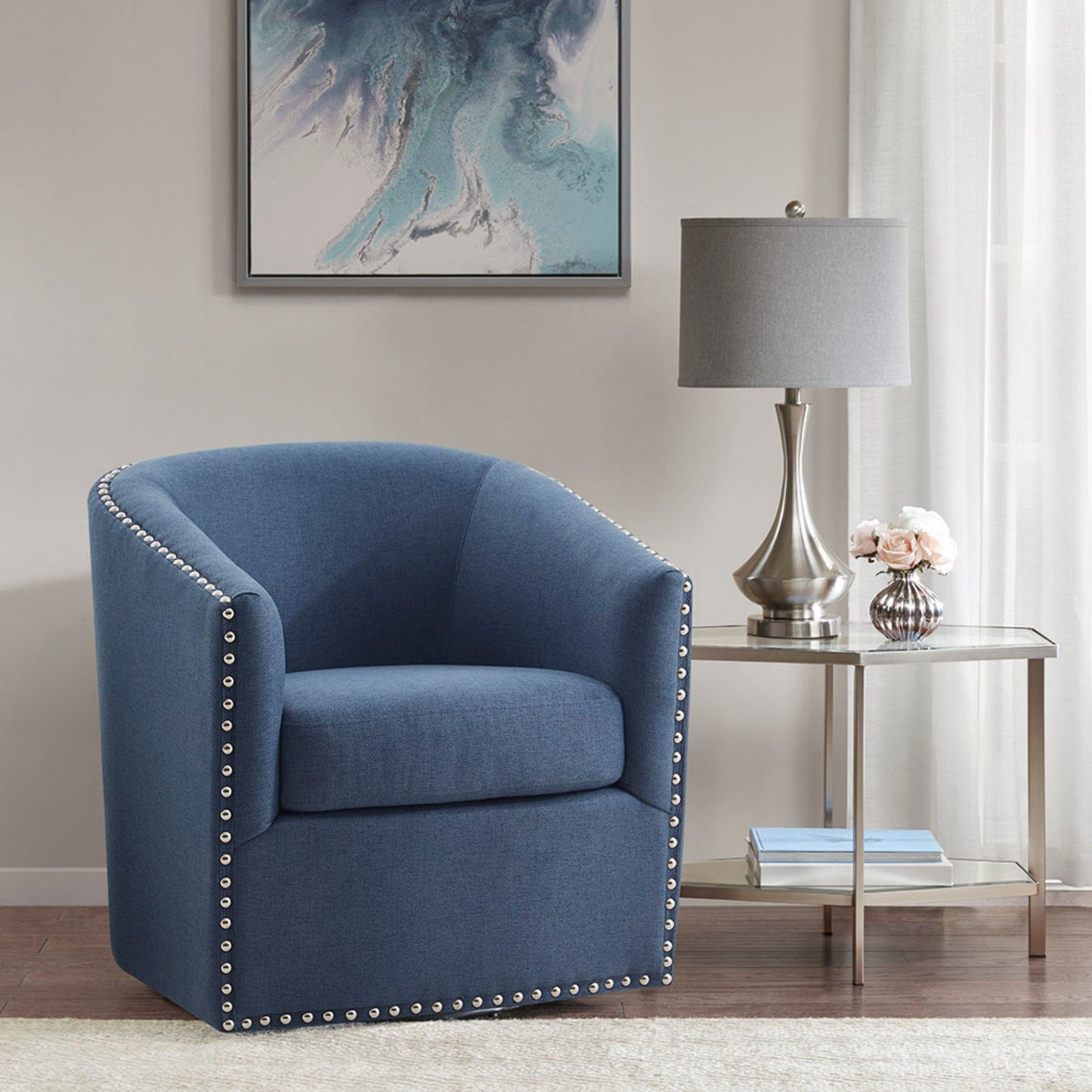 Luxurious Swivel Chair With 360 Degree Rotation Fabric And Solid Wood - Blue