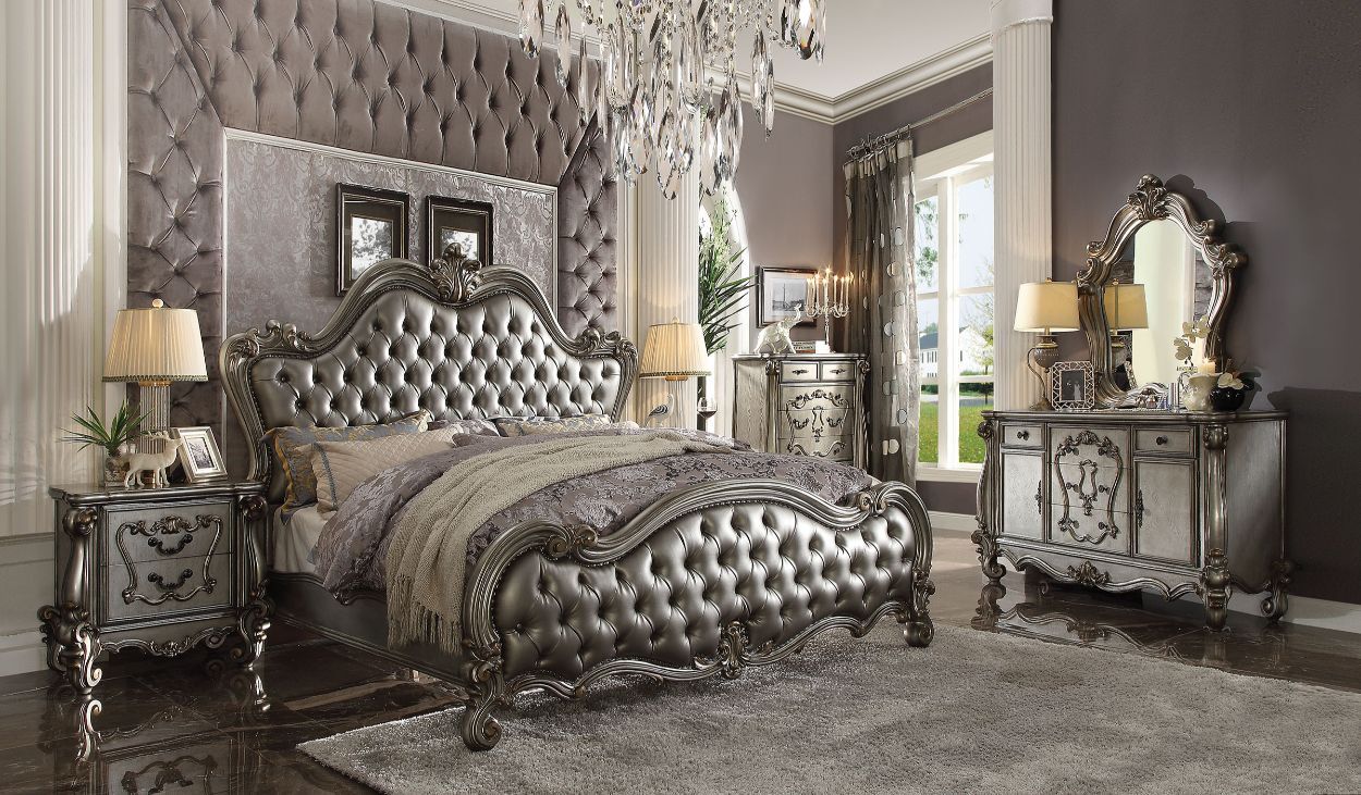 Versailles II - Queen Bed - Silver Synthetic Leather & Antique Platinum