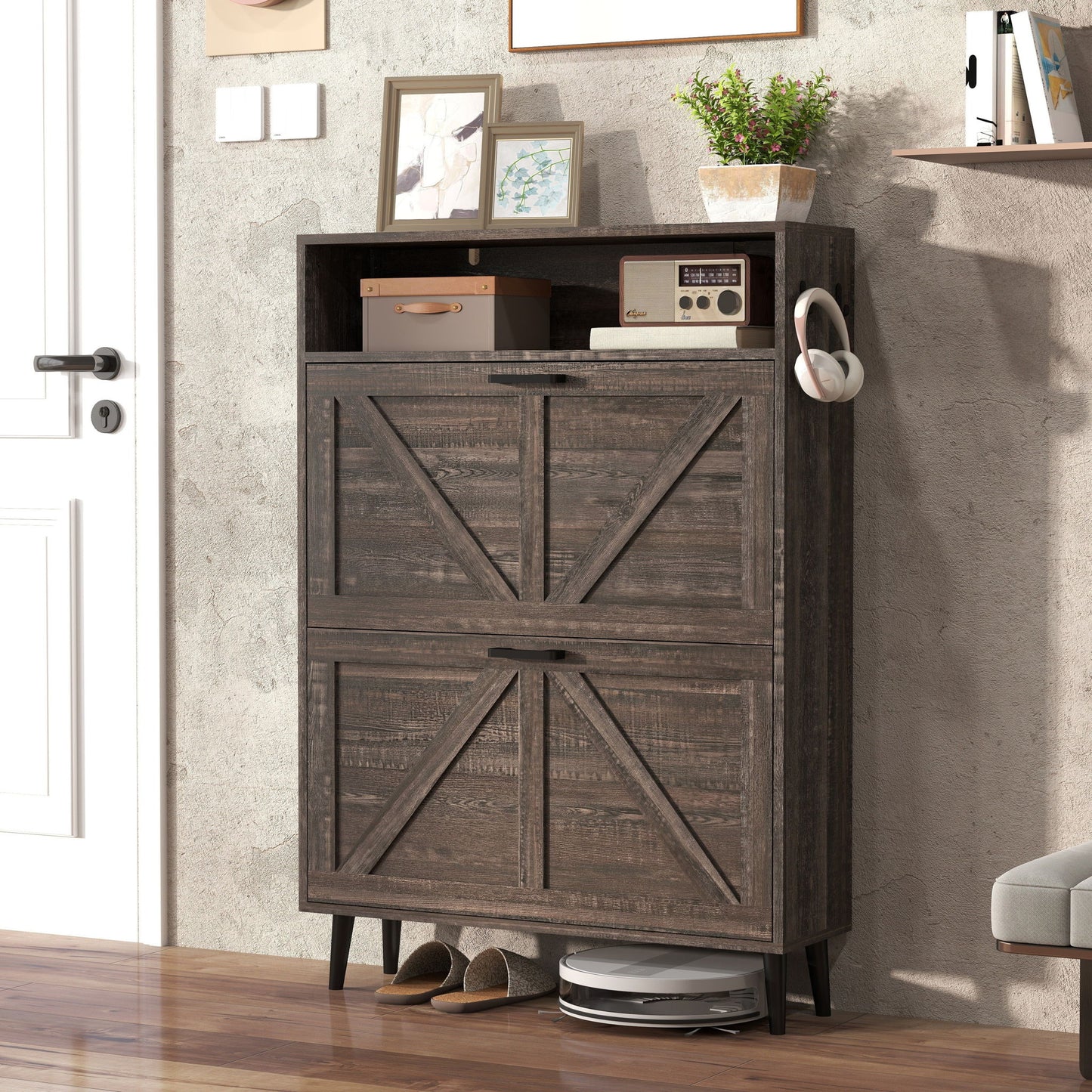Farmhouse Shoe Storage Cabinet With Barn Door Design, 2 Flip Drawers, Hooks - Dark Oak