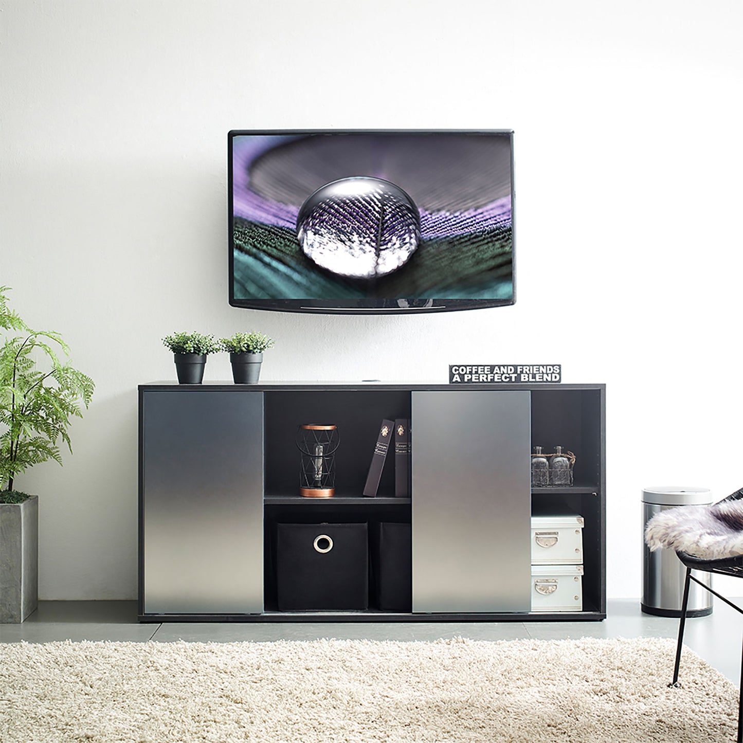 Metro - Contemporary TV Stand With 2 Shelves And Sliding Doors - Silver