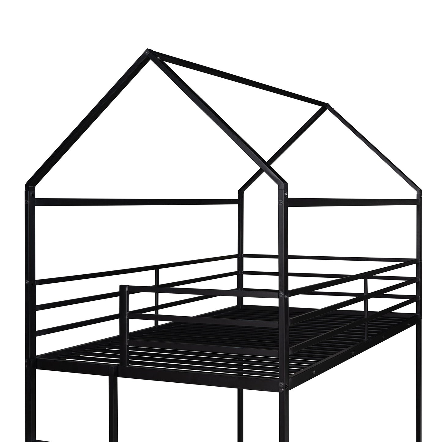 House Bunk Bed Metal Bed Frame Built-In Ladder, No Box Spring Needed
