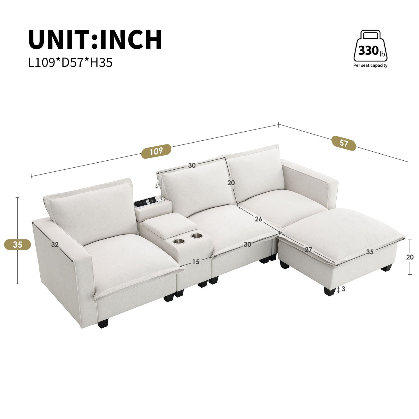 Modern Sectional Cloud Sofa With Console USB Charger Reading Light Cup Holder, Wide Seat 4 Seat Modular Couch Storable Indoor Funiture