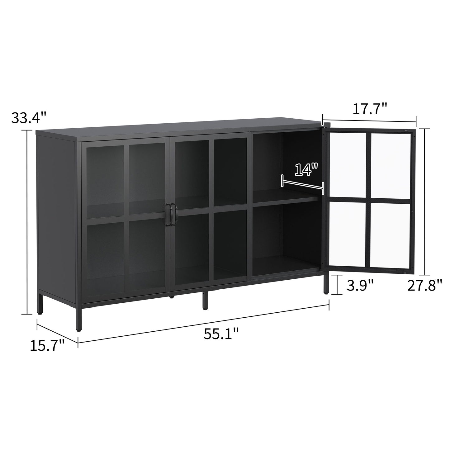 Modern Heavy Duty Metal Sideboard Buffet Cabinet With Storage, Adjustable Feet, Glass Doors, Steel - Black