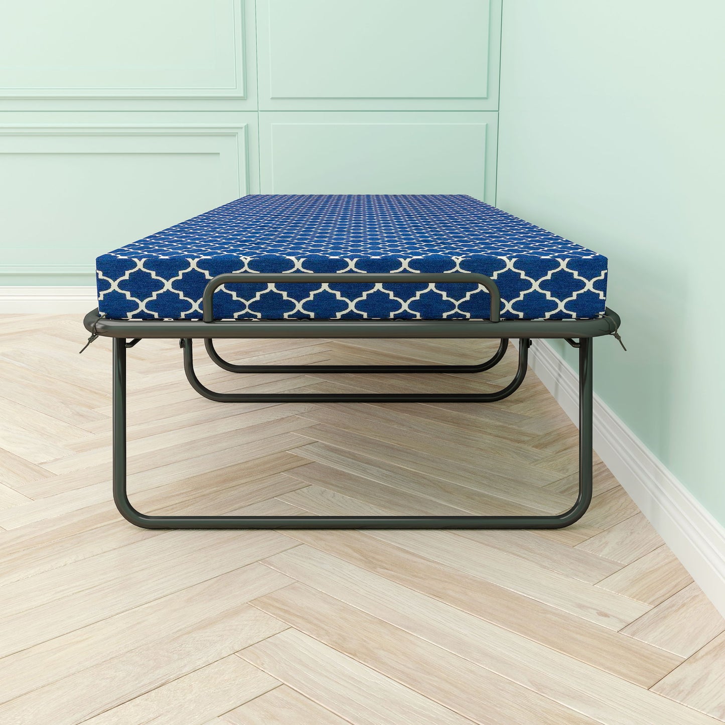 Metal Folding Bed Frame With Foam Mattress, Easy Storage, Movable With 4 Castors - Black / Blue