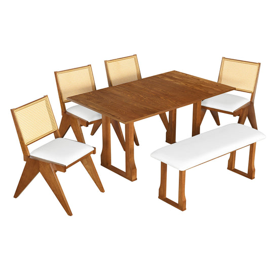 6 Piece Extendable Dining Table Set With 4 Wicker Back Upholstered Dining Chairs And Long Bench, 2 Removable Leaf