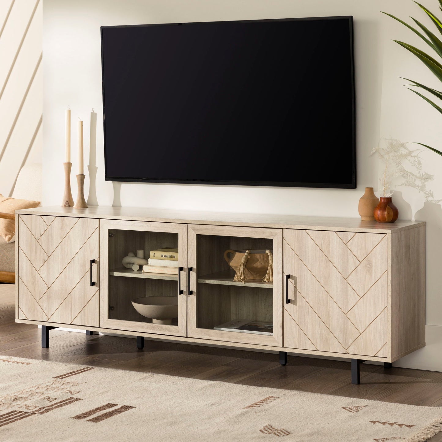 Modern Scandinavian 4 Door Herringbone 70" TV Stand For TVs Up To 80" - Dark Walnut