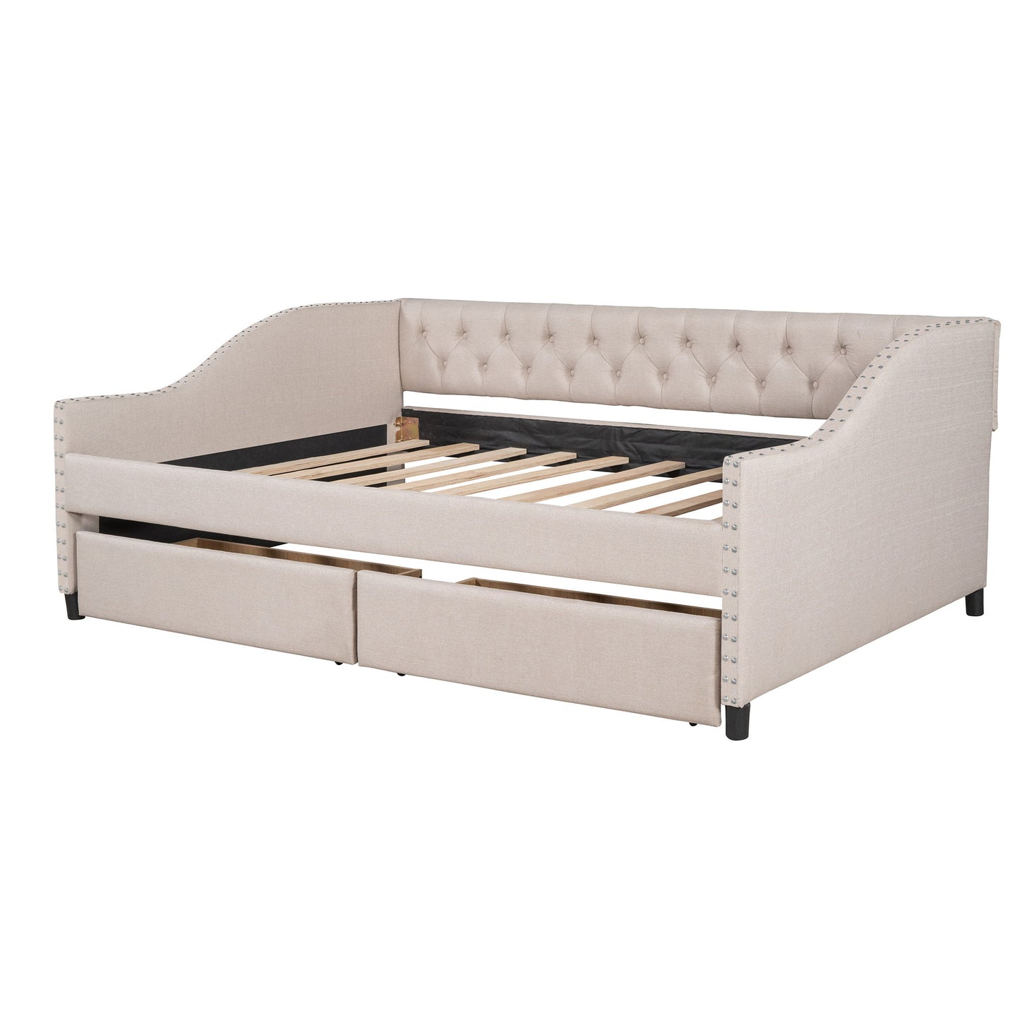 Upholstered Daybed With Two Drawers, Wood Slat Support