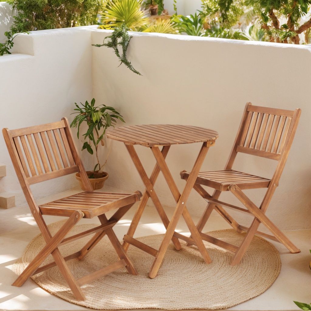 3 Piece Acacia Bistro Set, Folding Patio Furniture With 1 Coffee Table And 2 Foldable Chairs