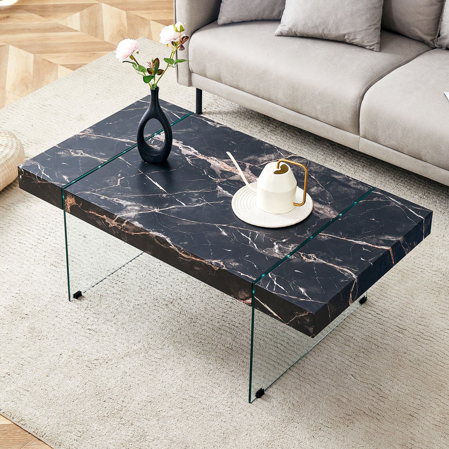 Modern Marble Patterned Coffee Table With Tempered Glass Legs