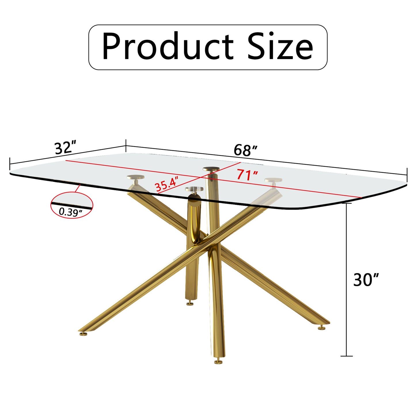 Modern Minimalist Glass Dining Table With 0.39" Tempered Glass Top & en Metal Legs For 6 - 8 People - Golden