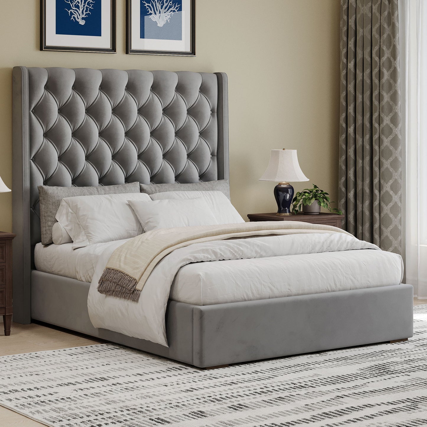 Tall Headboard Upholstered Bed With Handmade Deep Button Tufted, Box Spring Needed