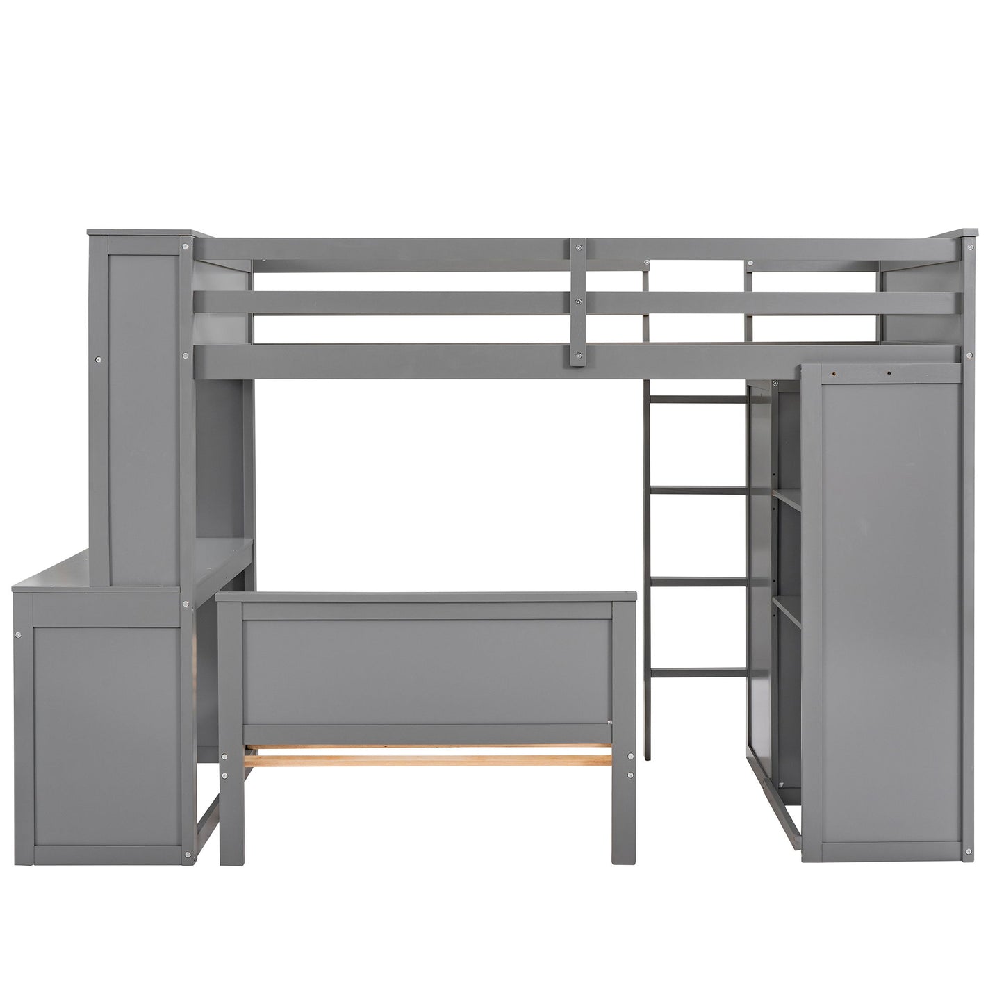 Twin Size Loft Bed With A Stand Alone Bed, Shelves, Desk, And Wardrobe - Gray