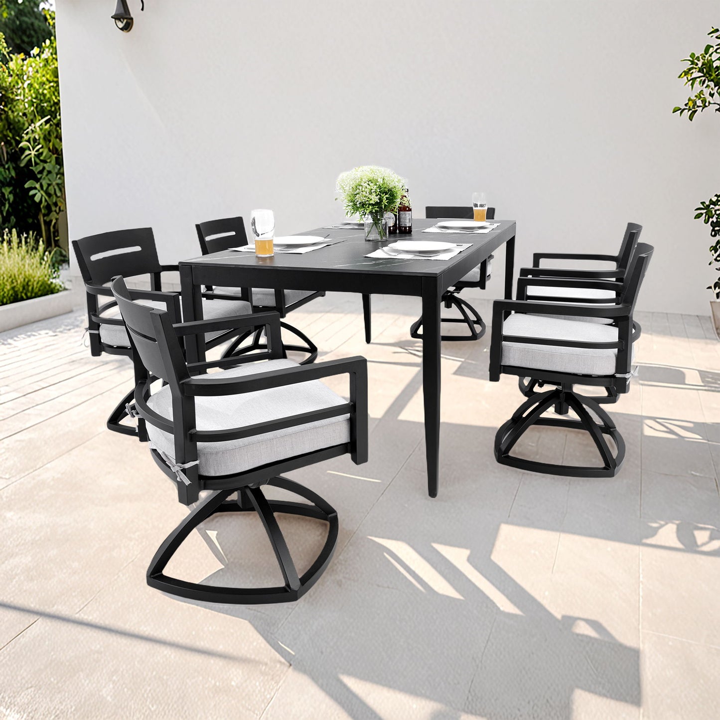 7 Pieces Modern Outdoor Patio Dining Set, Rectangular Dining Table, 6 Swivel Rockers With Sunbrella Cushions - Ember Black