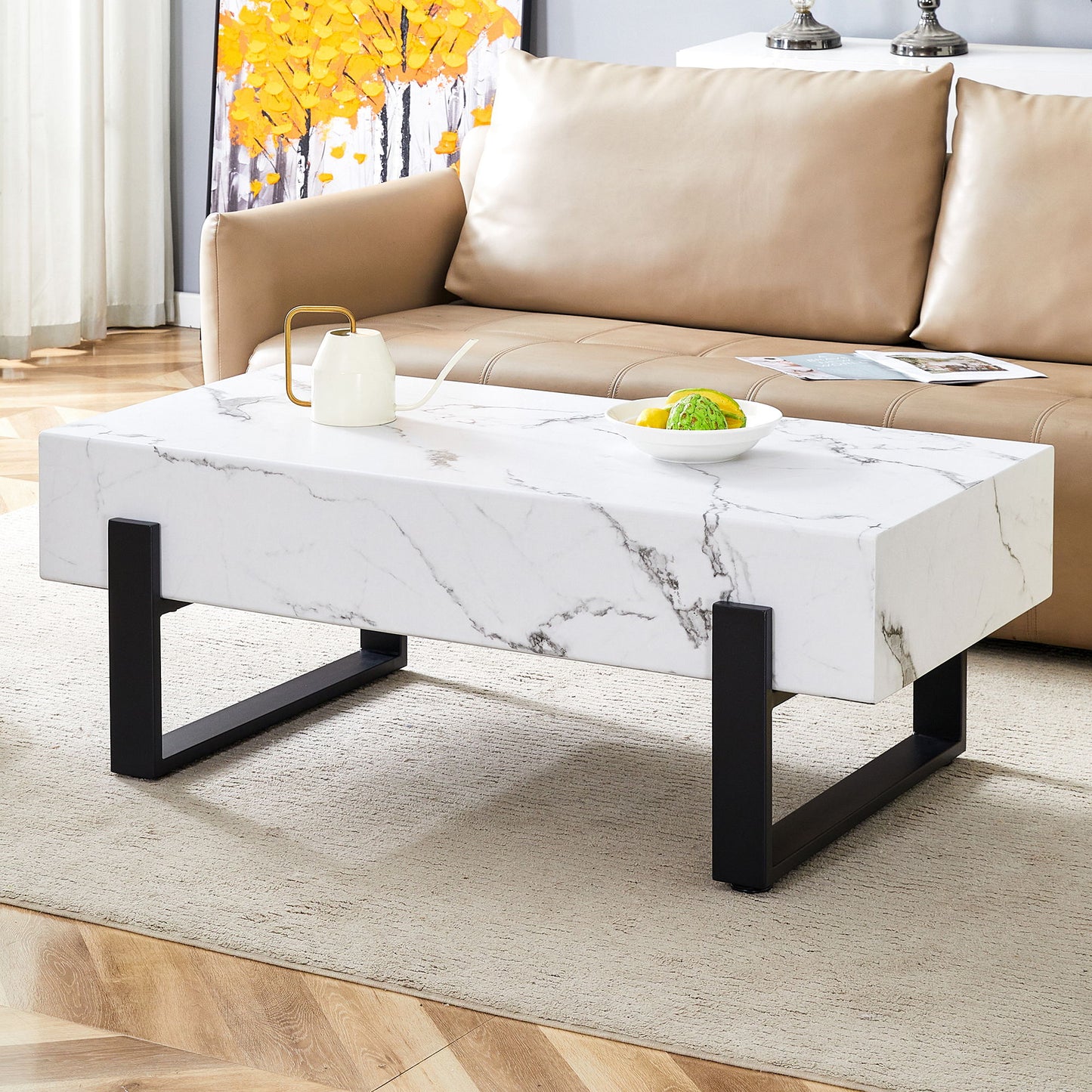 Minimalist Marble Patterned Coffee Table With Metal Legs