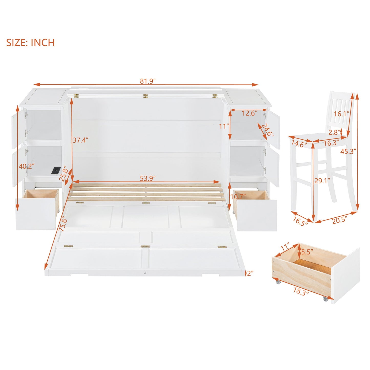 Murphy Bed With Drawers, Cabinets, And USB Ports