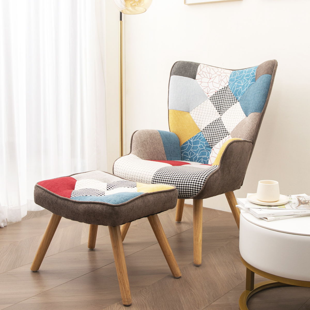 Accent Chair With Ottoman, Living Room Chair And Ottoman Set, Comfy Side Armchair For Bedroom, Creative Splicing Cloth Surface - Colorful