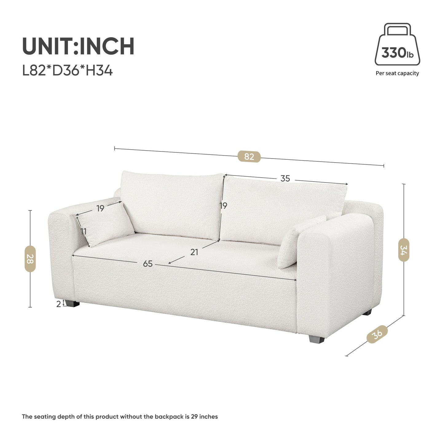 Modern Loop Yarn Sofa, One Piece Seat Frame, Minimalist 2-3 Seat Couch Easy To Install, Loveseats With Extra Wide Domed Arms (2 Pillows) - White