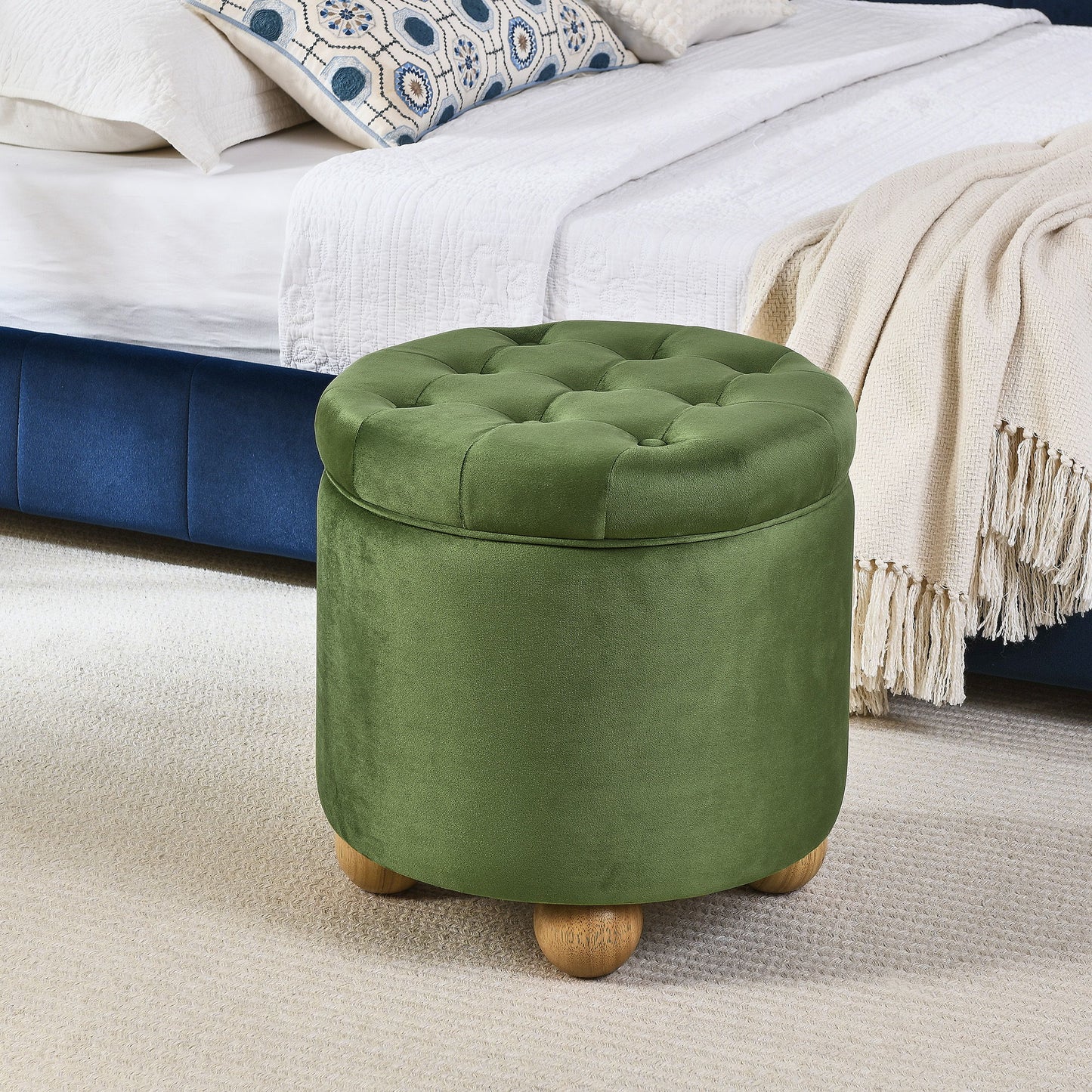 Modern Round Linen Storage Ottoman With Table Top Lid And Storage Space