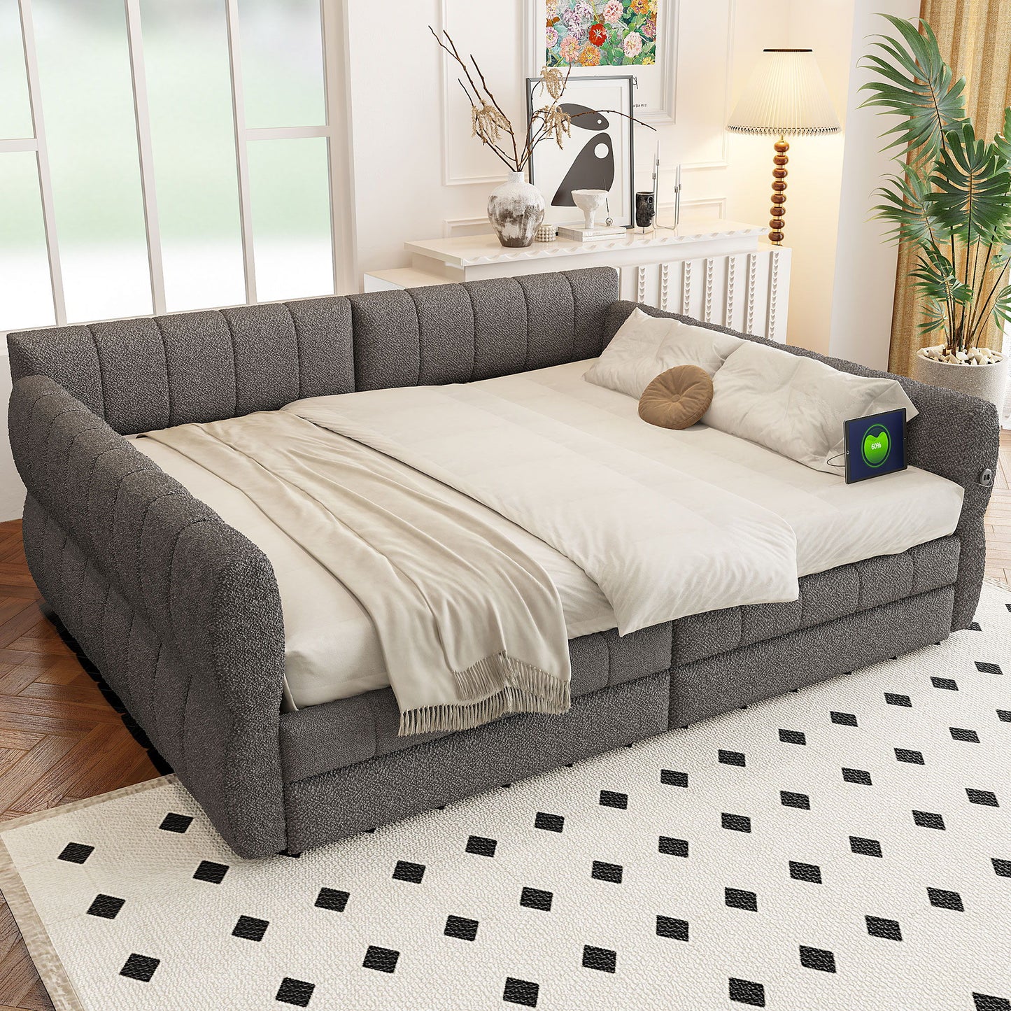 Queen Size Upholstered Platform Bed With USB And 2 Drawers, Lambswool Material - Gray
