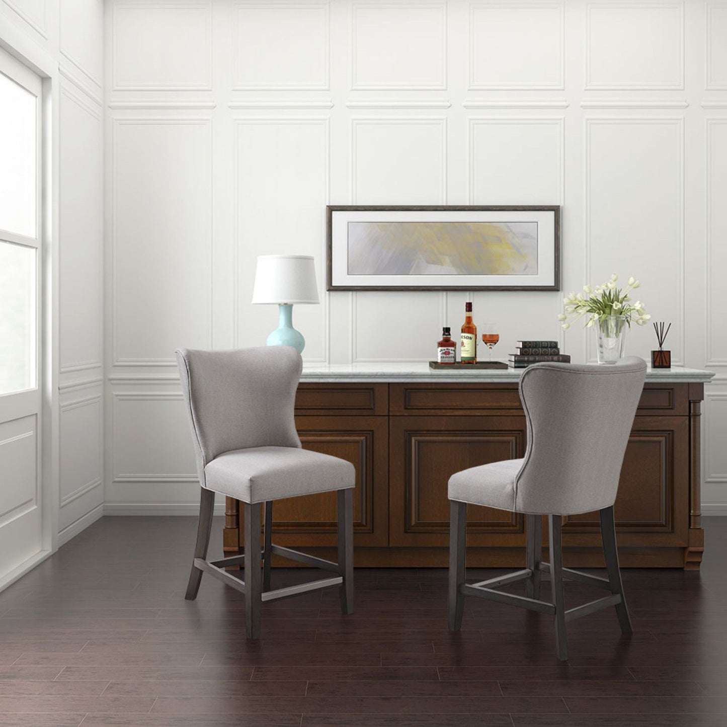 Upholstered Counter Stool Fabric Solid Wood Frame - Cream
