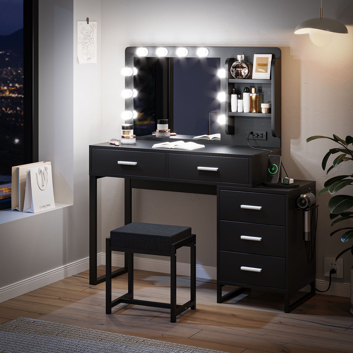 Vanity Desk With Lights, Makeup Vanity Set With Charging Station, Dressing Table With 5 Drawers And Cabinet, Vanity Mirror 3 Lighting Color Adjustable - Black