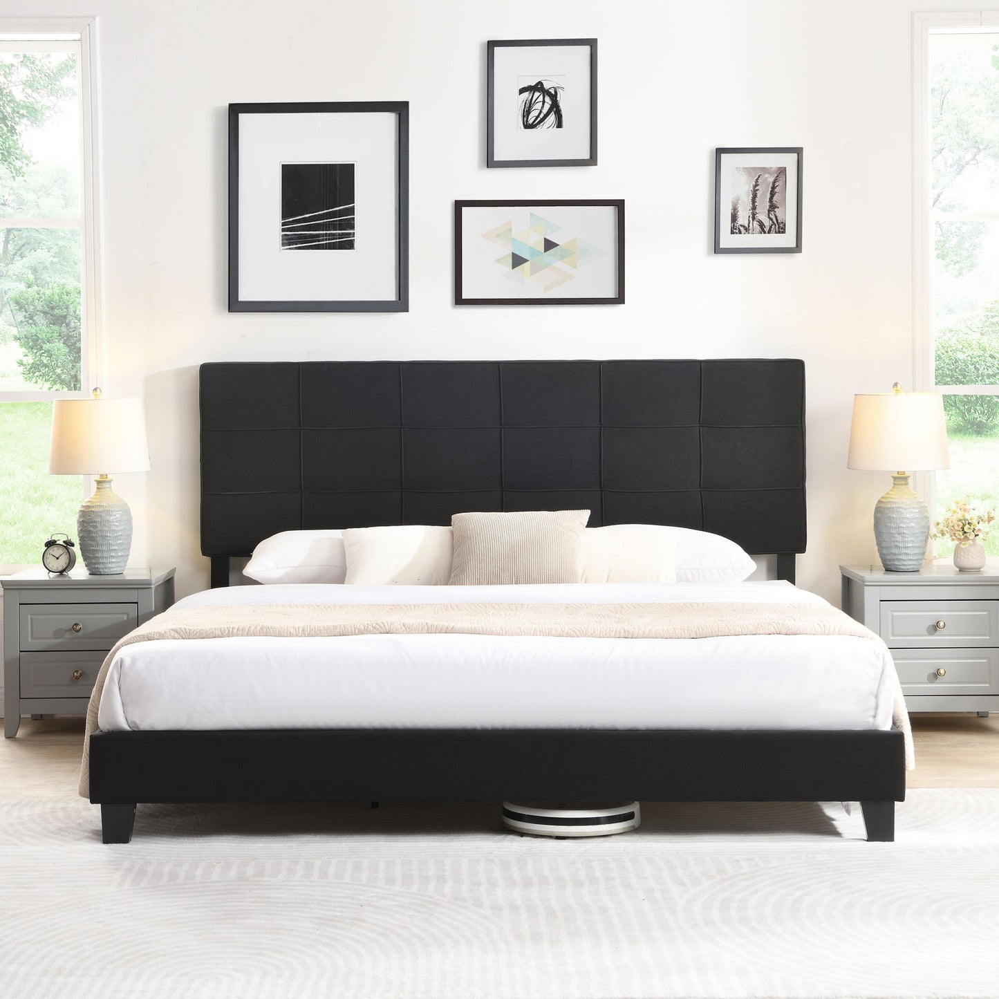 King Size Upholstered Platform Bed Frame With Button Tufted Fabric Headboard, No Box Spring Needed, Wood Slat Support