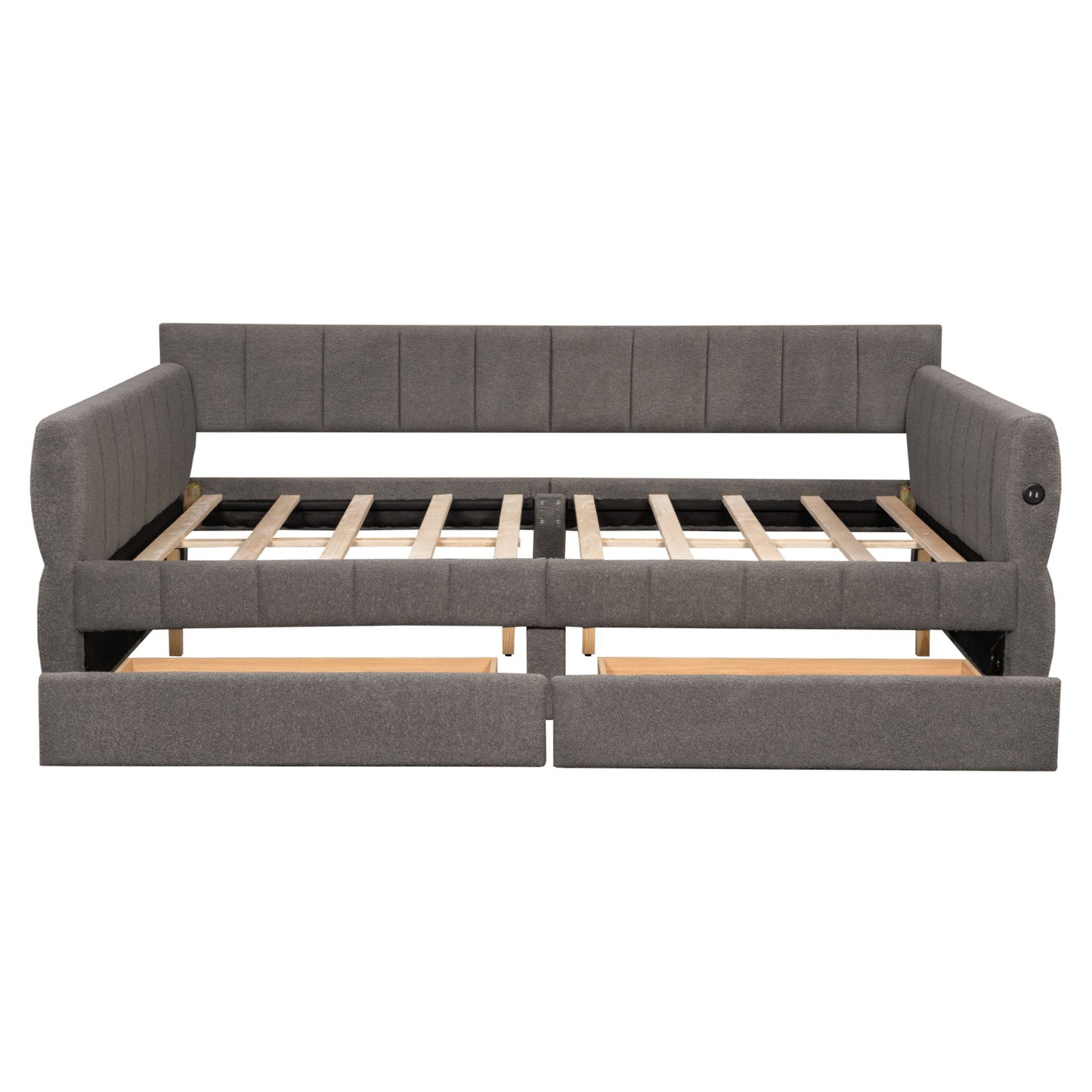 Queen Size Upholstered Platform Bed With USB And 2 Drawers, Lambswool Material - Gray