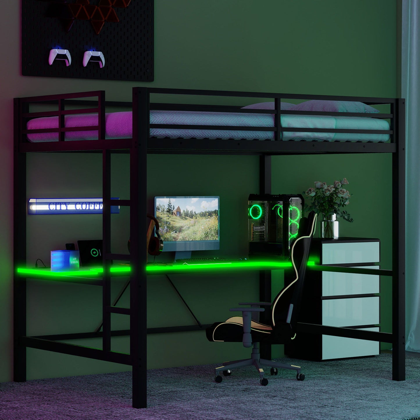 Gaming Metal Loft Bed Frame With LED Light, USB Charge Station And Desk