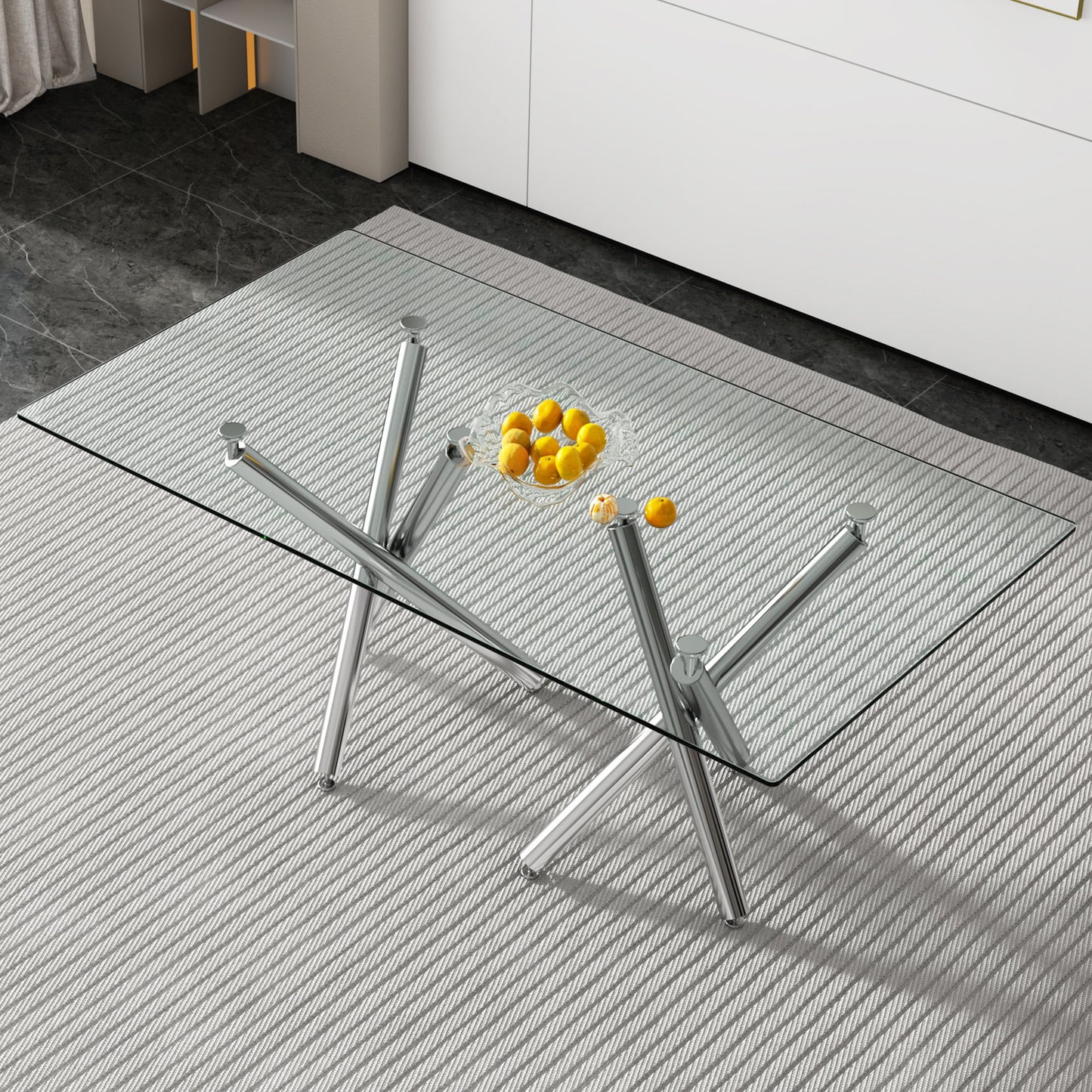 Modern Minimalist Rectangular Glass Dining Table With Tempered Glass Top And Chrome Legs For Kitchen - Silver / Transparent