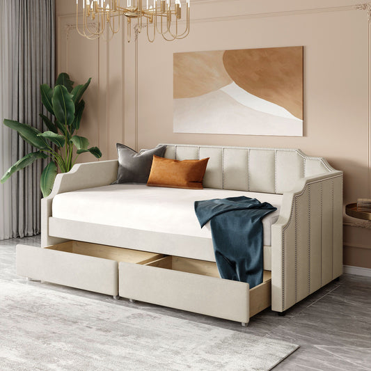 Upholstered Daybed With Drawers, Slat Support