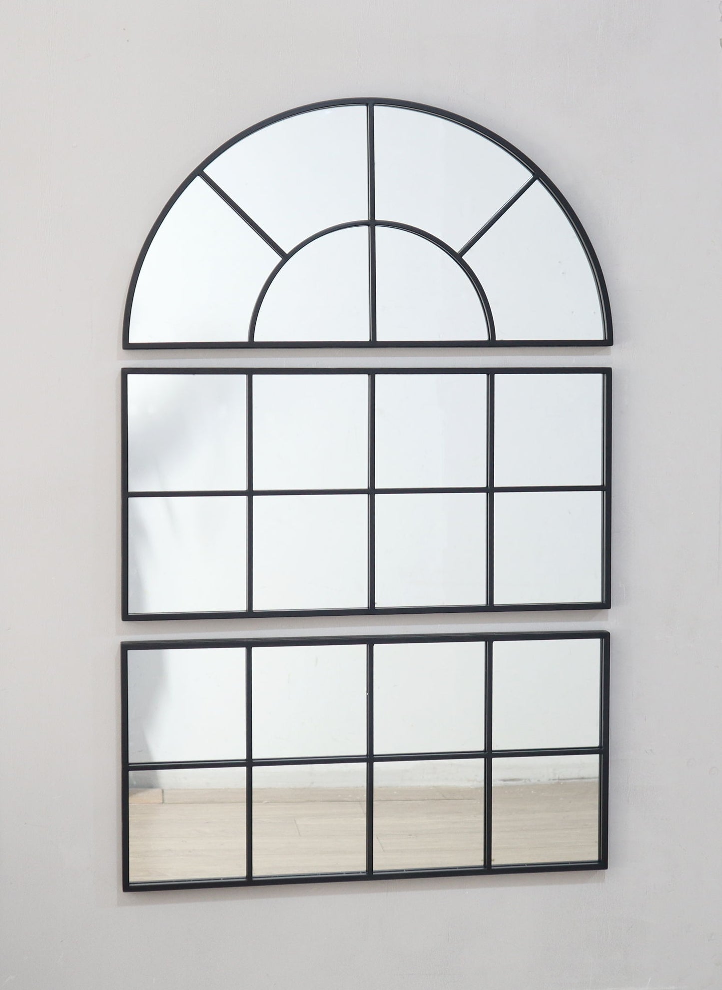 Large Arched Wall Mirror With 3 Separate Sections - Black