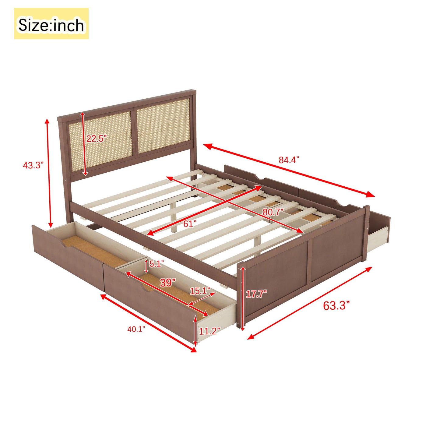 Storage Platform Bed With 4 Drawers, Rattan Headboard