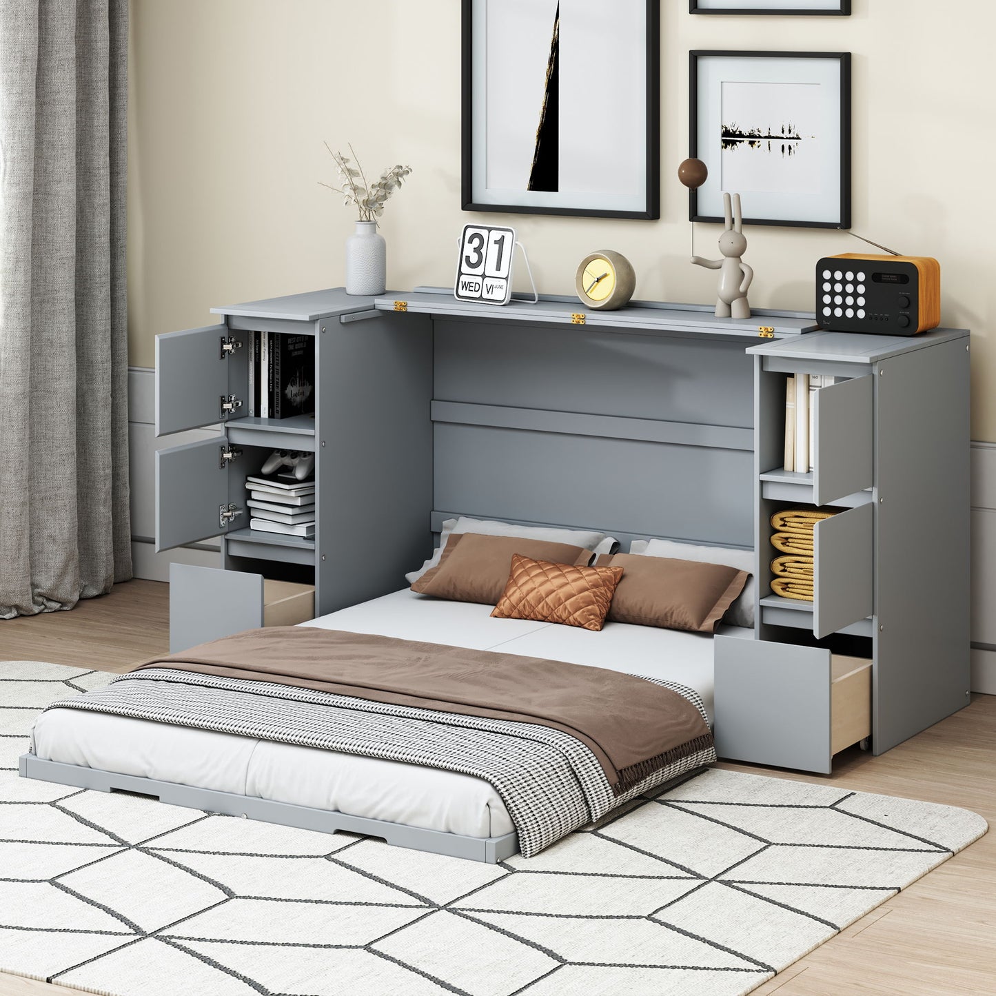 Murphy Bed With Drawers, Cabinets, And USB Ports